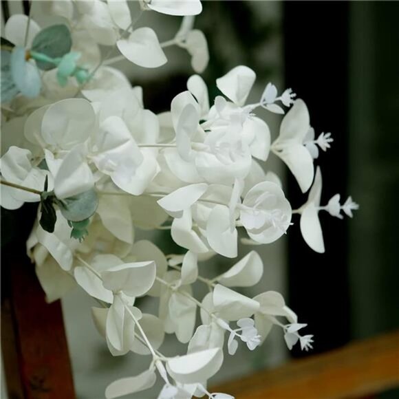 3Pcs Artificial Eucalyptus Leaves with White Flowers and Stems - Picture 4 of 7